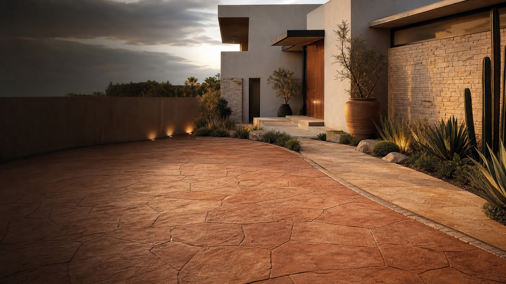 Acceso residencial con piso de concreto estampado